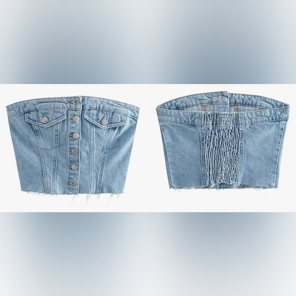 #005.B Source Unknown Sz M Denim Vest Corset Crop Button Down Top - Picture 5 of 13